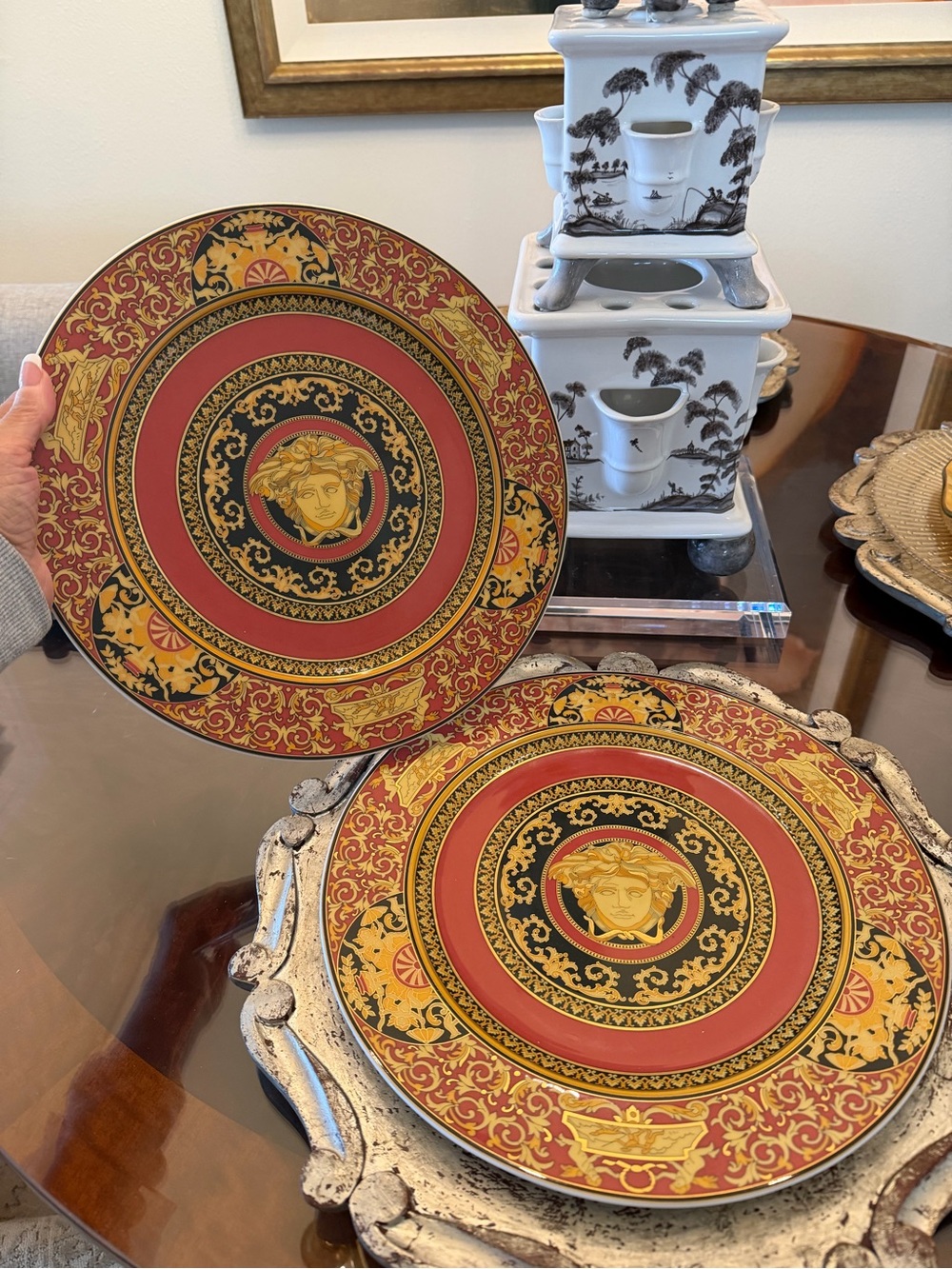 Versace Red and Gold Decorative Ceramic Dinner Plate with Medallion Motif